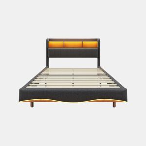Cama de adulto 160x200 cm em tecido de linho - cabeceira com arrumação com LED e fichas - Cinzento
