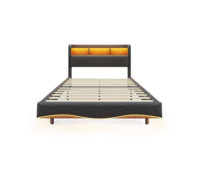 Cama de adulto 160x200 cm en tejido de lino - cabecero con almacenaje con led y enchufes - gris
