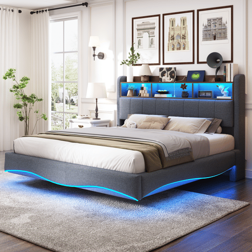 Cama de adulto 160x200 cm em tecido de linho - cabeceira com arrumação com LED e fichas - Cinzento