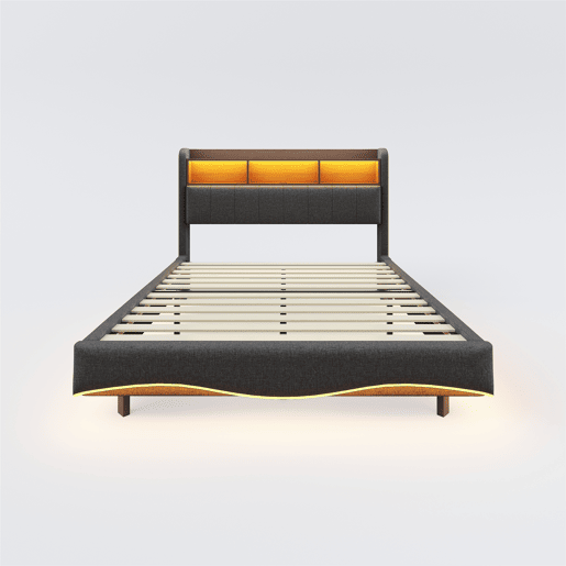 Cama de adulto 160x200 cm em tecido de linho - cabeceira com arrumação com LED e fichas - Cinzento