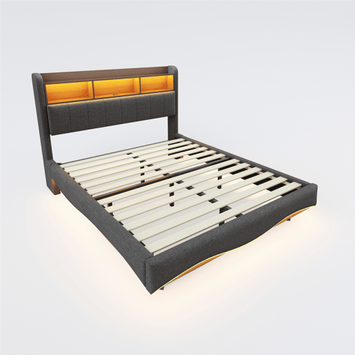 Cama de adulto 160x200 cm em tecido de linho - cabeceira com arrumação com LED e fichas - Cinzento