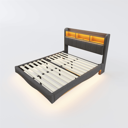 Cama de adulto 160x200 cm em tecido de linho - cabeceira com arrumação com LED e fichas - Cinzento
