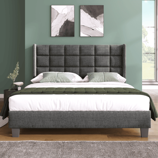 Cama estofada em tecido de linho - 140x200cm - com cabeceira e estrado de molas - Cinzento