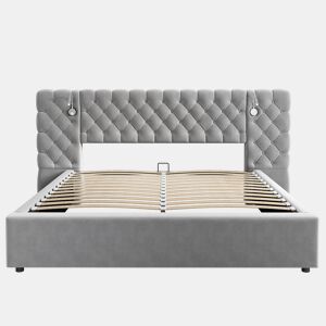 Cama contentora estofada 180x200 cm em veludo - com candeeiro de leitura e estrado - Cinzento