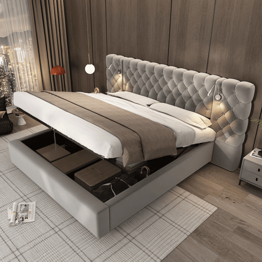 Cama contentora estofada 180x200 cm em veludo - com candeeiro de leitura e estrado - Cinzento