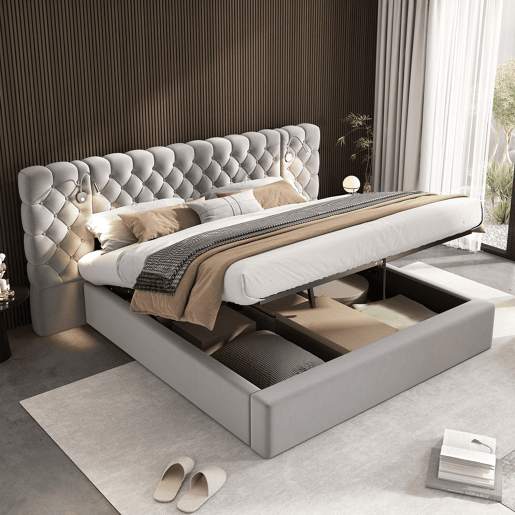 Cama contentora estofada 180x200 cm em veludo - com candeeiro de leitura e estrado - Cinzento
