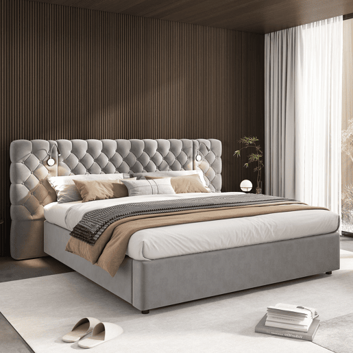 Cama contentora estofada 180x200 cm em veludo - com candeeiro de leitura e estrado - Cinzento