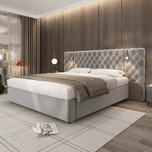 Cama contentora estofada 180x200 cm em veludo - com candeeiro de leitura e estrado - Cinzento