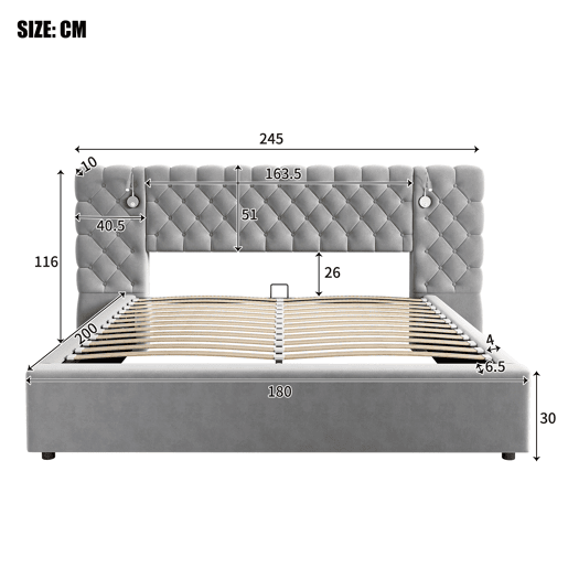Cama contentora estofada 180x200 cm em veludo - com candeeiro de leitura e estrado - Cinzento