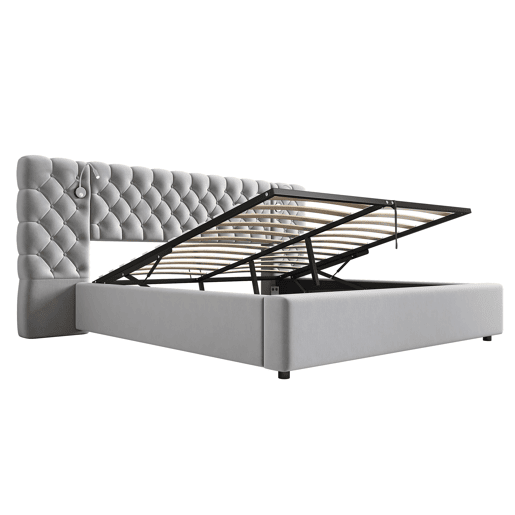 Cama contentora estofada 180x200 cm em veludo - com candeeiro de leitura e estrado - Cinzento