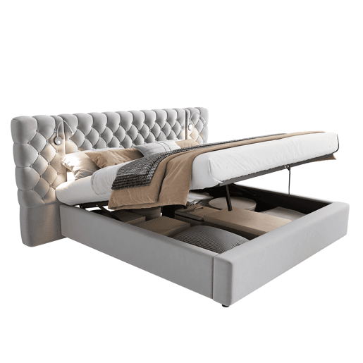 Cama contentora estofada 180x200 cm em veludo - com candeeiro de leitura e estrado - Cinzento