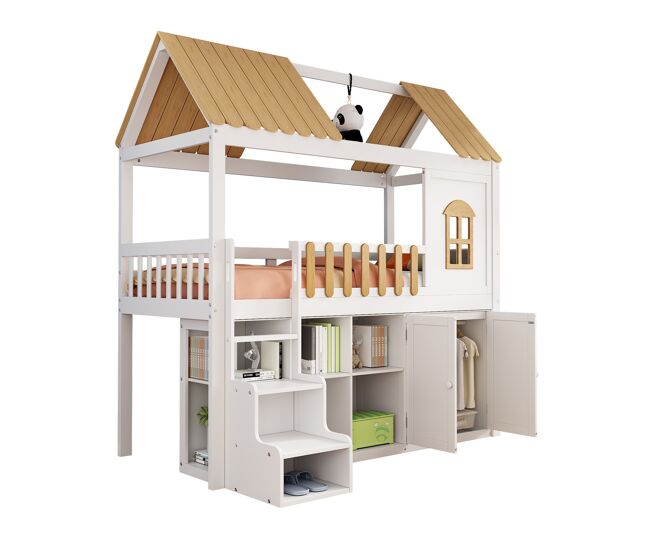 Cama alta cabaña infantil,cama individual de madera maciza 90x200cm con armario,ventana,estante,zapatero y protección contra caídas,blanco+natural