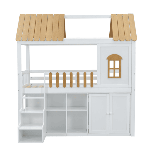 Cama alta para crianças,cama-casa,cama de solteiro de madeira maciça 90x200cm,branco+natural Cama alta para crianças,cama-casa,cama de solteiro de madeira maciça 90x200cm,branco+natural