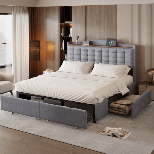 Cama de adulto em linho 160x200 cm - com tomada USB e 4 gavetas - estrado de ripas - Cinzento claro