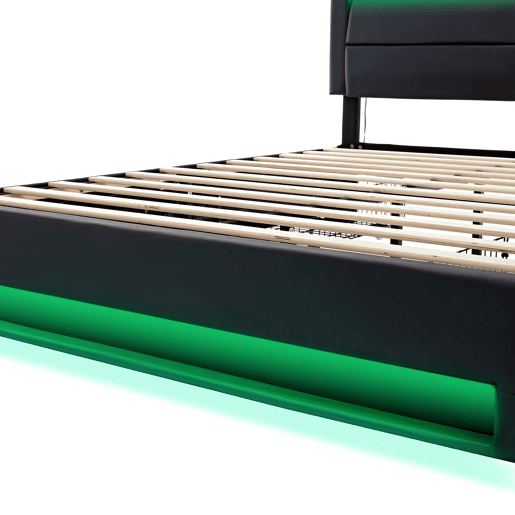 Cama de casal 140x190 cm em imitação de pele com LED - 4 gavetas - com portas de carregamento (com e sem fios) - Preto