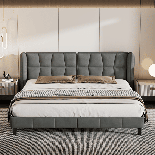 Cama de casal estofada em veludo - 180x200cm - com estrado de molas - Cinzento