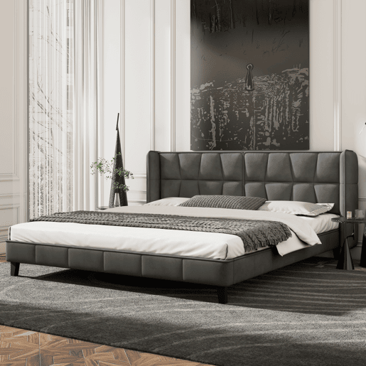 Cama de casal estofada em veludo - 180x200cm - com estrado de molas - Cinzento