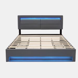 Cama de casal 140x200 cm em imitação de pele com LED - 4 gavetas - com portas de carregamento (com e sem fios) - Cinzento