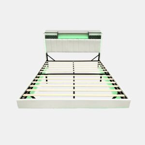 Cama em tecido de linho 160x200 cm - com tomada USB e estrado - Bege
