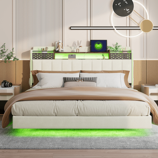 Cama em tecido de linho 160x200 cm - com tomada USB e estrado - Bege