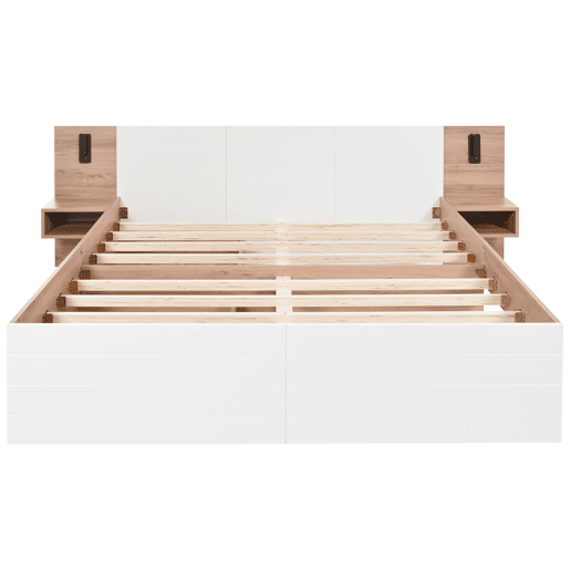 Cama de casal 140x200 cm em madeira - com 2 mesas de cabeceira e 2 gavetas - 2 luzes de leitura giratórias com tomada USB - Branco e Natural (colchão não incluído)