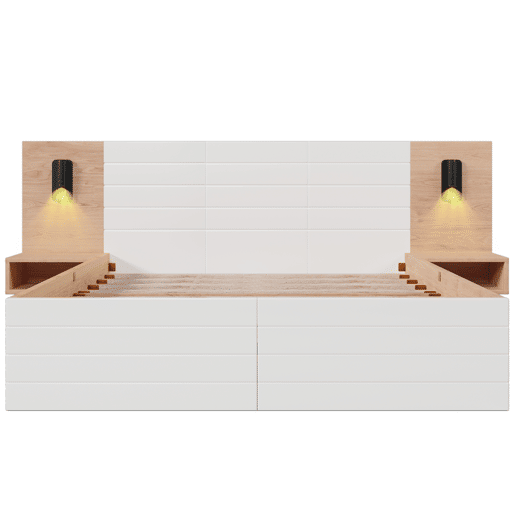 Cama de casal 140x200 cm em madeira - com 2 mesas de cabeceira e 2 gavetas - 2 luzes de leitura giratórias com tomada USB - Branco e Natural (colchão não incluído)