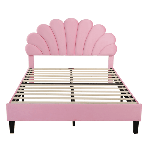 Cama de casal estofada em veludo - 140x200cm - cabeceira em forma de flor - com estrado de ripas - Rosa