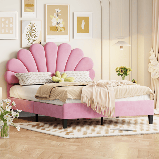 Cama de casal estofada em veludo - 140x200cm - cabeceira em forma de flor - com estrado de ripas - Rosa