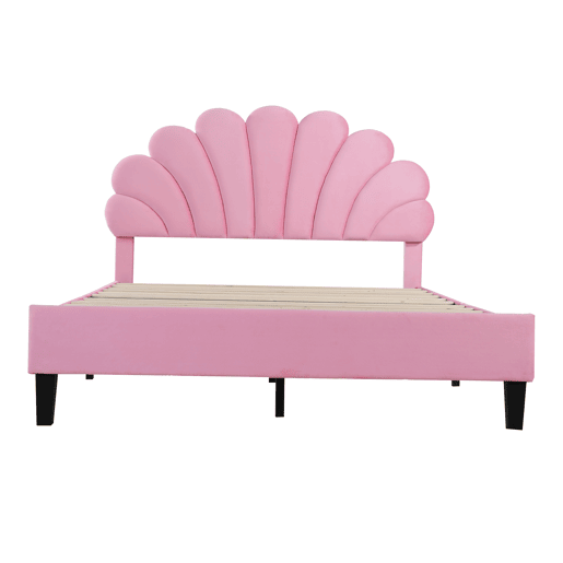 Cama de casal estofada em veludo - 140x200cm - cabeceira em forma de flor - com estrado de ripas - Rosa