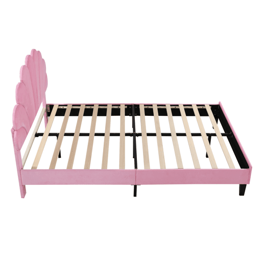 Cama de casal estofada em veludo - 140x200cm - cabeceira em forma de flor - com estrado de ripas - Rosa