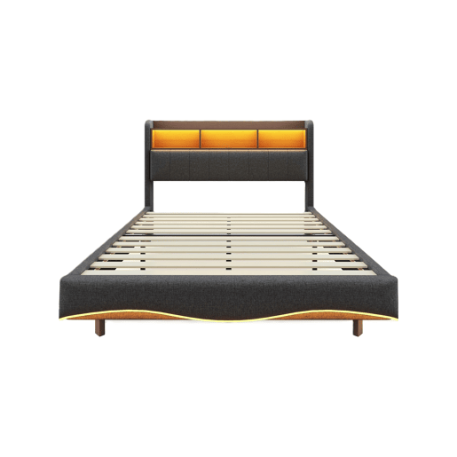 Cama de adulto 140x200 cm em tecido de linho - cabeceira com arrumação com LED e fichas - Cinzento
