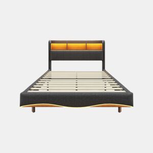 Cama de adulto 140x200 cm em tecido de linho - cabeceira com arrumação com LED e fichas - Cinzento
