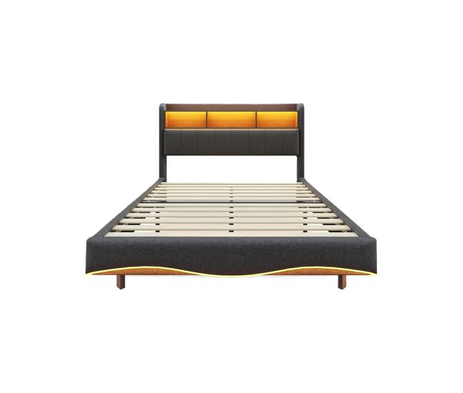 Cama de adulto 140x200 cm en tejido de lino - cabecero con almacenaje con led y enchufes - gris