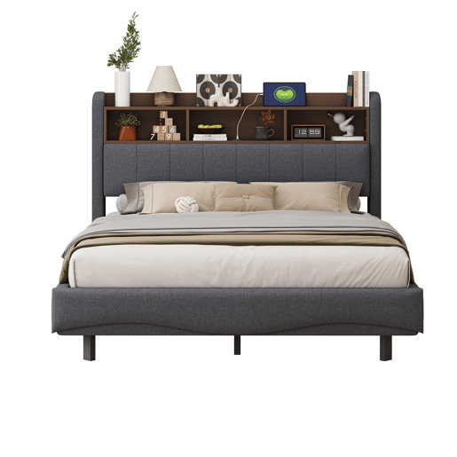 Cama de adulto 140x200 cm em tecido de linho - cabeceira com arrumação com LED e fichas - Cinzento