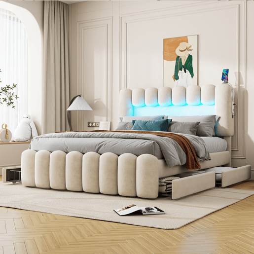 Cama estofada em veludo - 160x200cm - 4 gavetas + LED + Portas de carregamento + Leitor - Bege