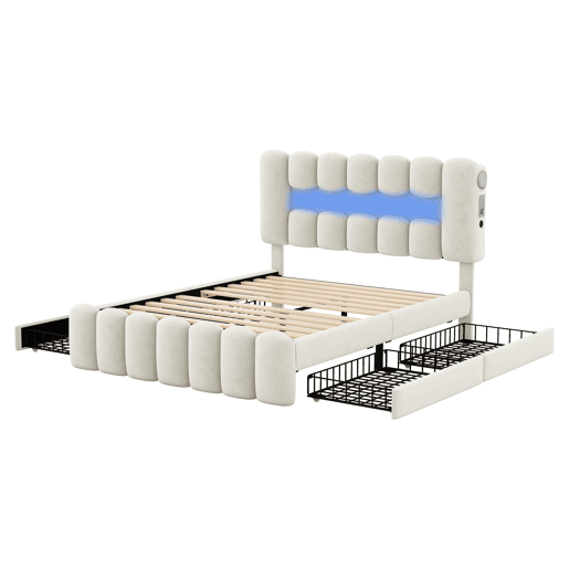 Cama estofada em veludo - 160x200cm - 4 gavetas + LED + Portas de carregamento + Leitor - Bege