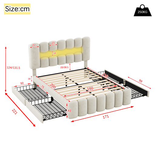 Cama estofada em veludo - 160x200cm - 4 gavetas + LED + Portas de carregamento + Leitor - Bege
