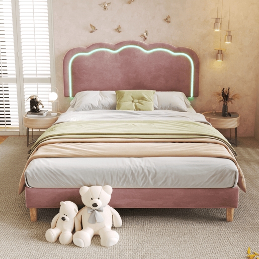 Cama estofada em veludo 140x200 cm - com LED e estrado - Rosa