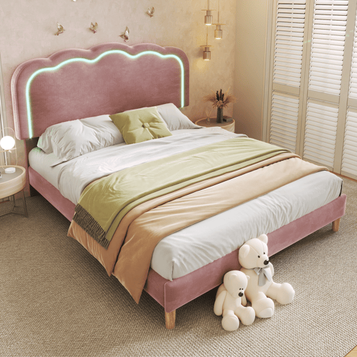 Cama estofada em veludo 140x200 cm - com LED e estrado - Rosa