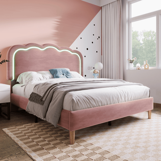 Cama estofada em veludo 140x200 cm - com LED e estrado - Rosa