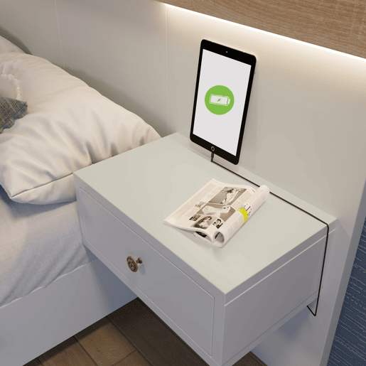 Cama para adultos 180x200 cm com mesas de cabeceira suspensas + portas LED e USB + estrado - madeira - branco