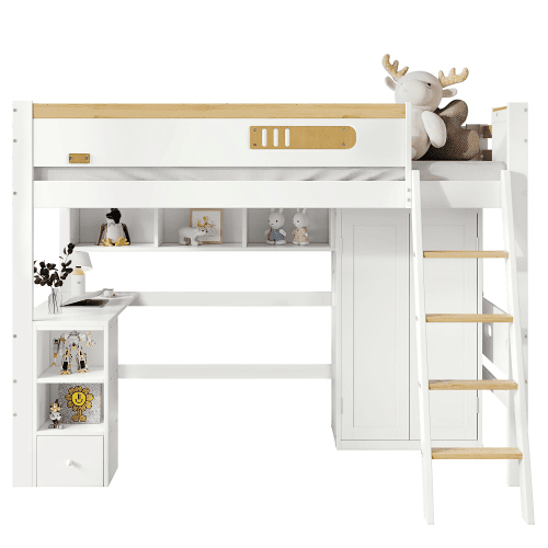 Cama alta para crianças,cama de solteiro de madeira de pinho 90x200cm,branco+natural