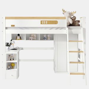 Cama alta para crianças,cama de solteiro de madeira de pinho 90x200cm,branco+natural