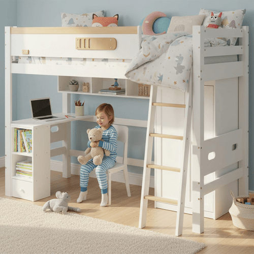 Cama alta para crianças,cama de solteiro de madeira de pinho 90x200cm,branco+natural