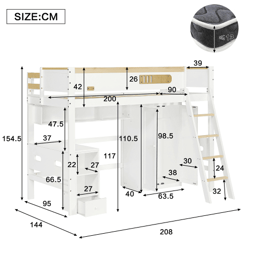 Cama alta para crianças,cama de solteiro de madeira de pinho 90x200cm,branco+natural