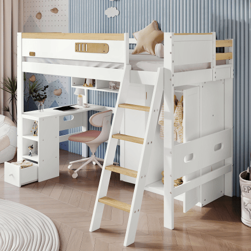 Cama alta para crianças,cama de solteiro de madeira de pinho 90x200cm,branco+natural
