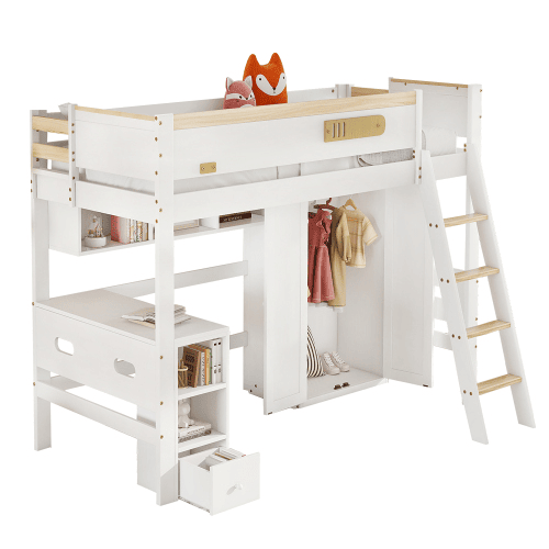 Cama alta para crianças,cama de solteiro de madeira de pinho 90x200cm,branco+natural