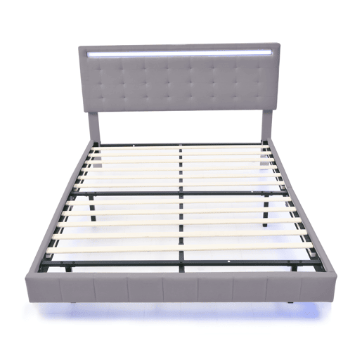 Cama para adultos 140x200 cm - cama flutuante com LED e 2 portas USB + estrado - tecido de linho - Cinzento