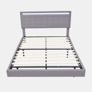 Cama para adultos 140x200 cm - cama flutuante com LED e 2 portas USB + estrado - tecido de linho - Cinzento