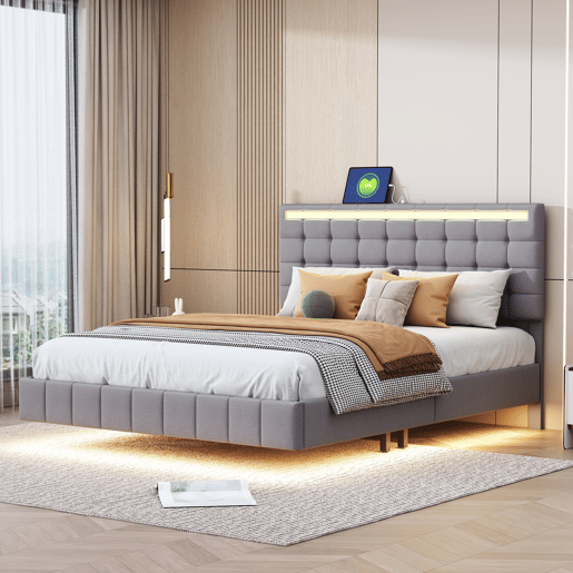 Cama para adultos 140x200 cm - cama flutuante com LED e 2 portas USB + estrado - tecido de linho - Cinzento